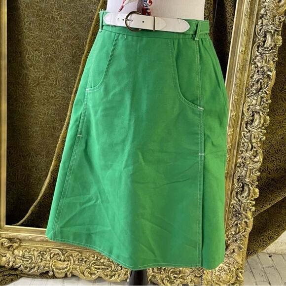 Vintage Green Skort Skirt Shorts 1970 Size 12 Retro Mid Mod 1960 White Belt - Picture 4 of 11